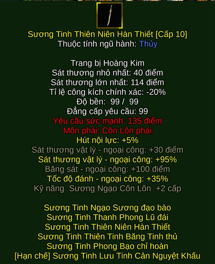 Sương Tinh Thiên Niên Hàn Thiết - Đao Pháp (Sương Tinh) - Côn Lôn - VLTK