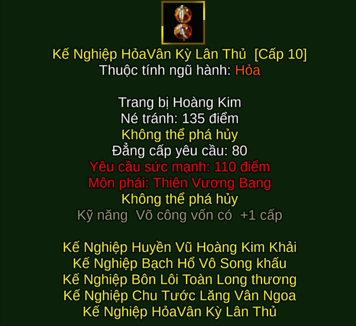 Kế Nghiệp Hỏa Vân Kỳ Lân Thủ - Thương Pháp (Kế Nghiệp) - Thiên Vương - VLTK